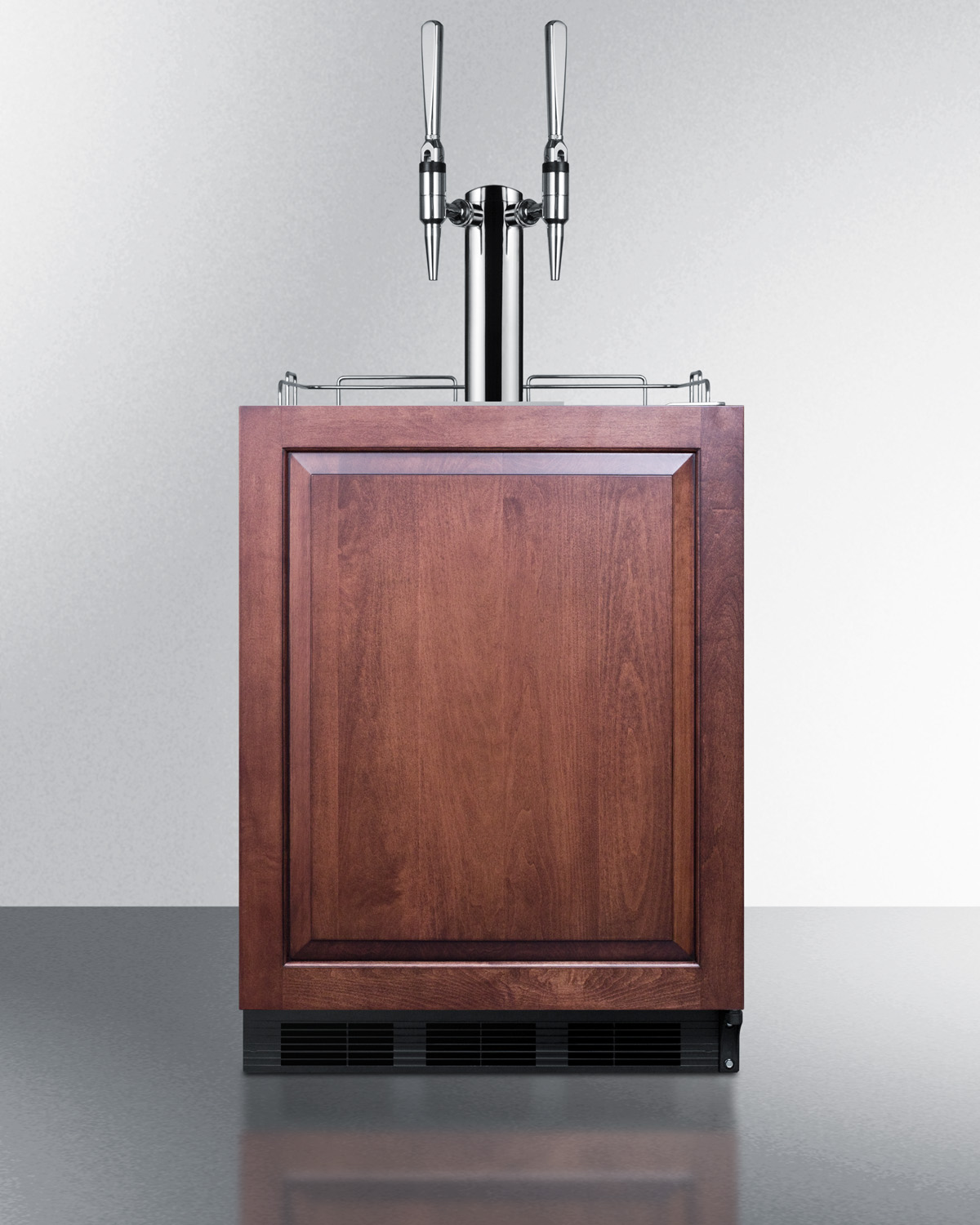 Built-in undercounter ADA height commercially listed dual tap nitro coffee dispenser with panel-ready door and black cabinet